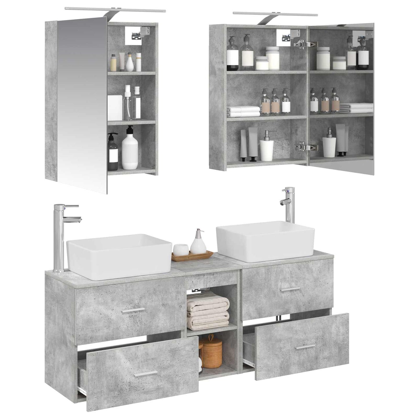 Badkamermeubelset 5 pcs Betongrijs Bewerkt hout en glas is nu te koop bij PeponiXL, paradijselijk wonen!