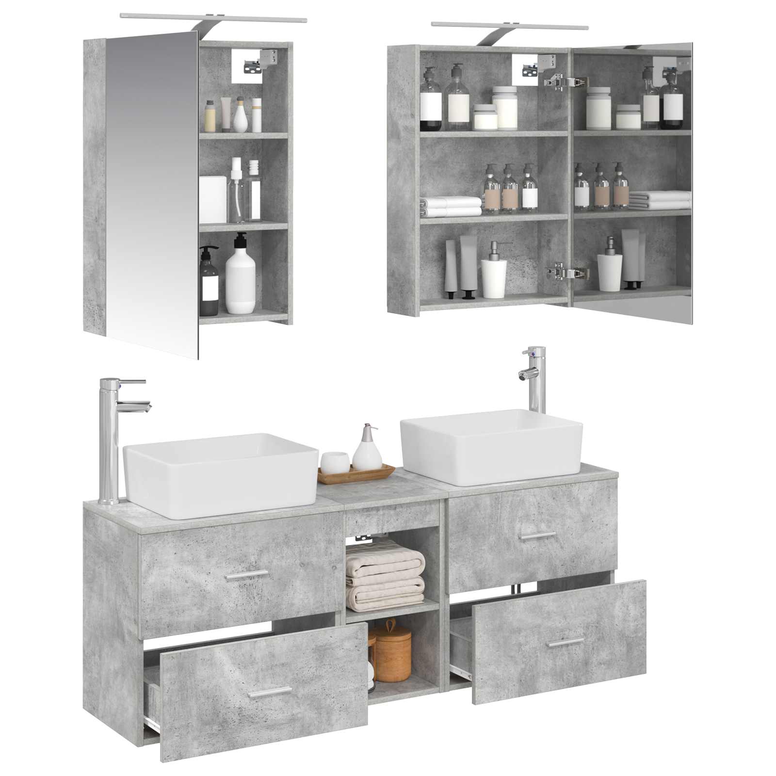 Badkamermeubelset 5 pcs Betongrijs Bewerkt hout en glas is nu te koop bij PeponiXL, paradijselijk wonen!
