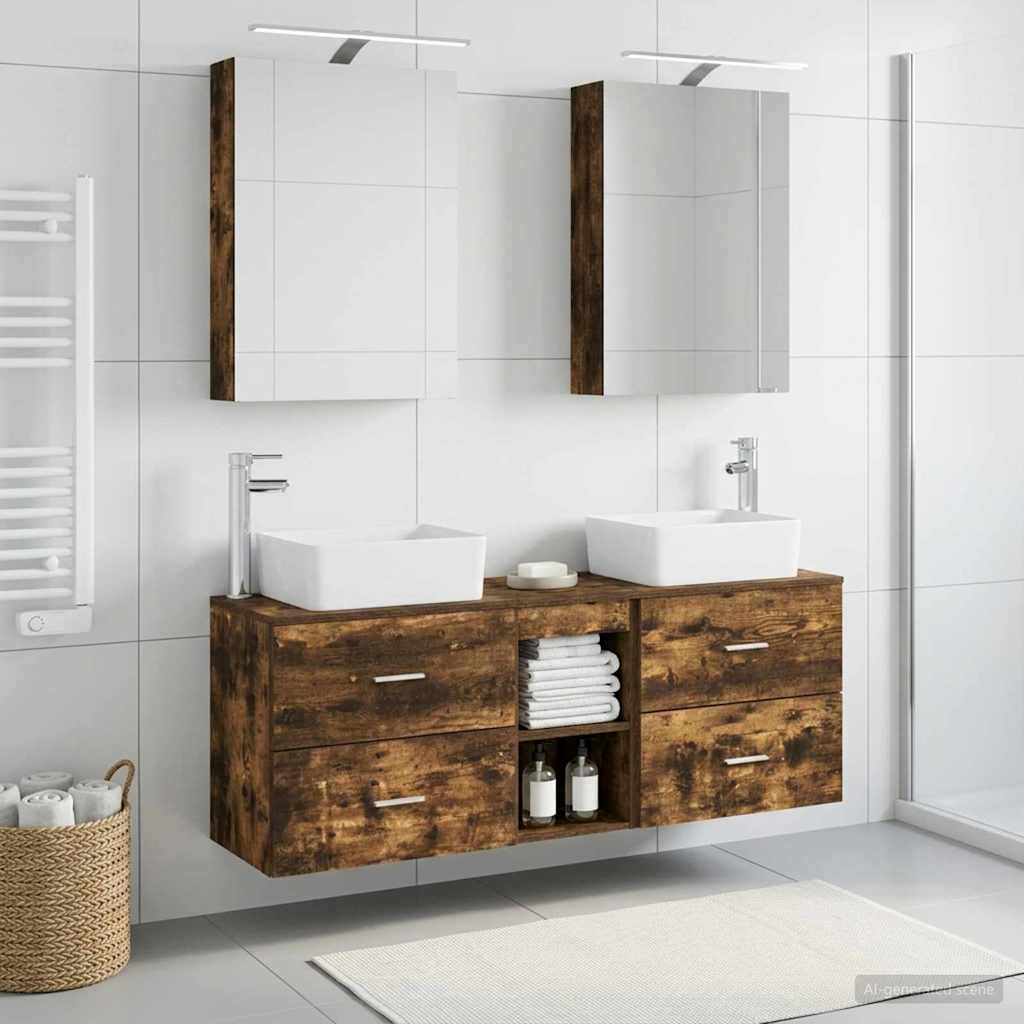 Badkamermeubelset 5 pcs Gerookt eiken Bewerkt hout en glas is nu te koop bij PeponiXL, paradijselijk wonen!