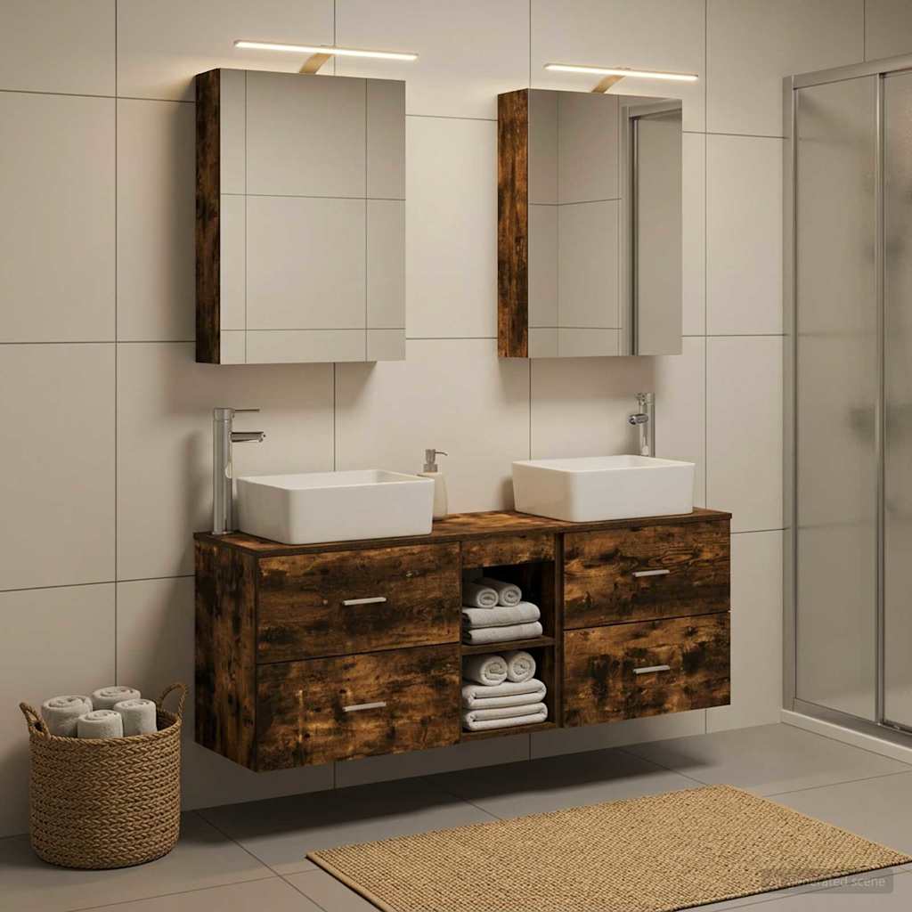 Badkamermeubelset 5 pcs Gerookt eiken Bewerkt hout en glas is nu te koop bij PeponiXL, paradijselijk wonen!