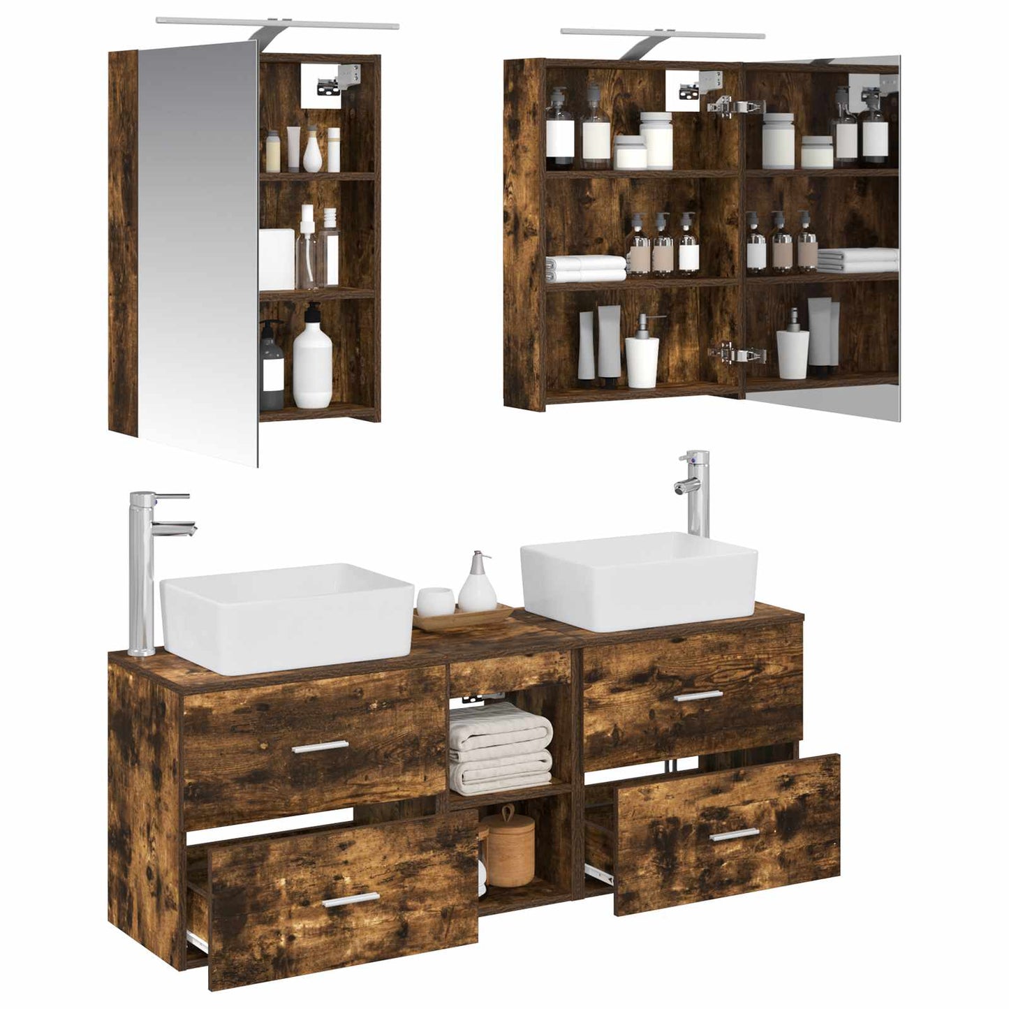 Badkamermeubelset 5 pcs Gerookt eiken Bewerkt hout en glas is nu te koop bij PeponiXL, paradijselijk wonen!