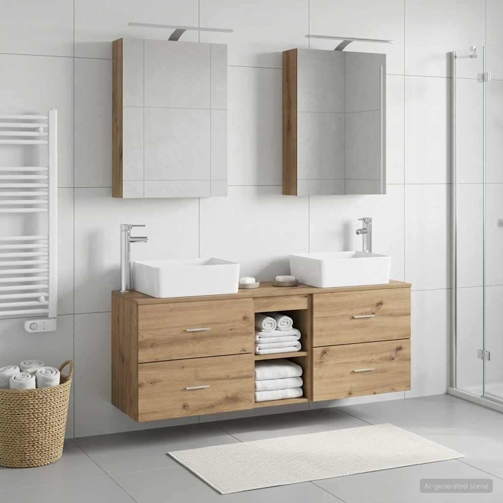 Badkamermeubelset 5 pcs Artisanaal eiken Bewerkt hout en glas is nu te koop bij PeponiXL, paradijselijk wonen!