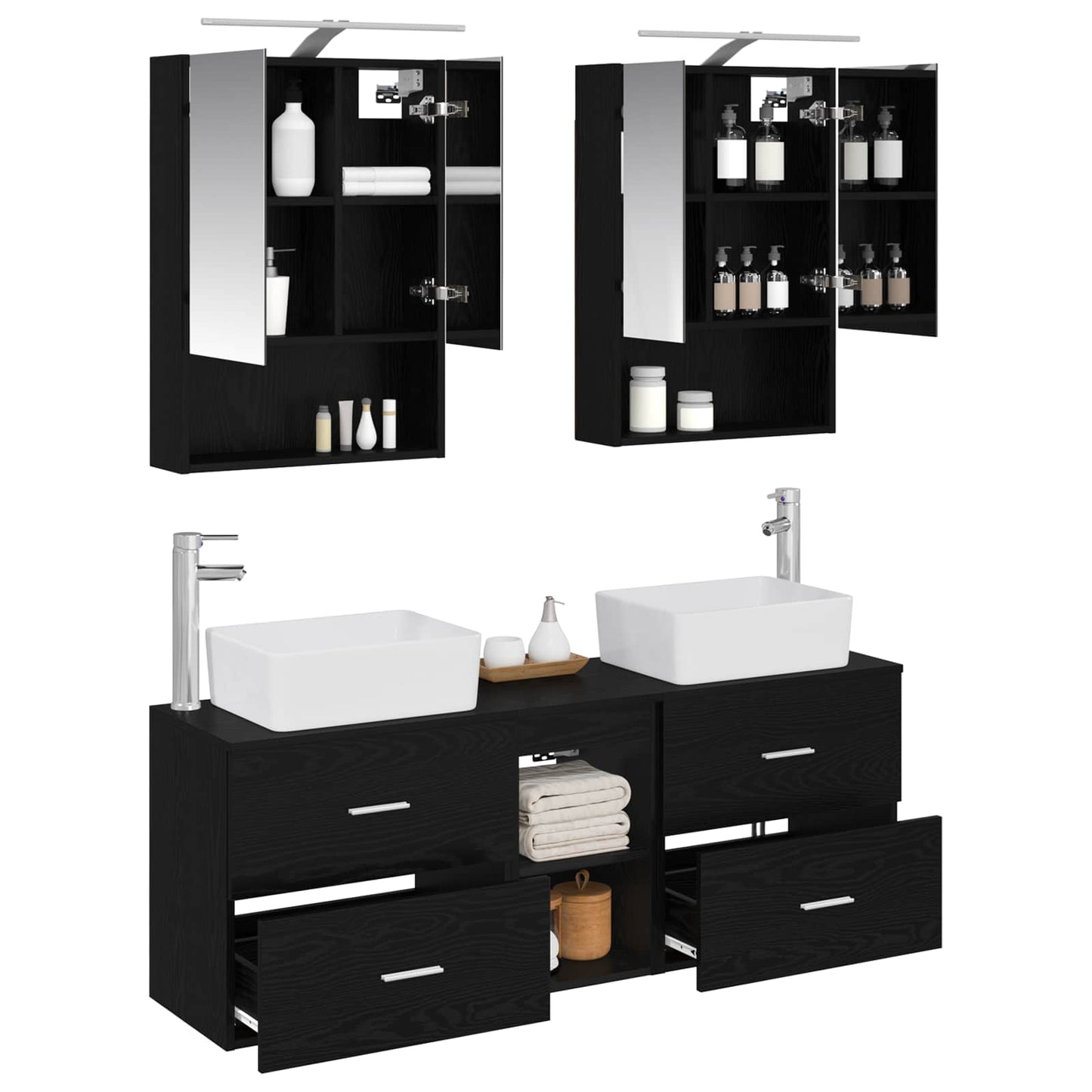 Badkamermeubelset 5 pcs Zwart eiken Bewerkt hout en glas is nu te koop bij PeponiXL, paradijselijk wonen!