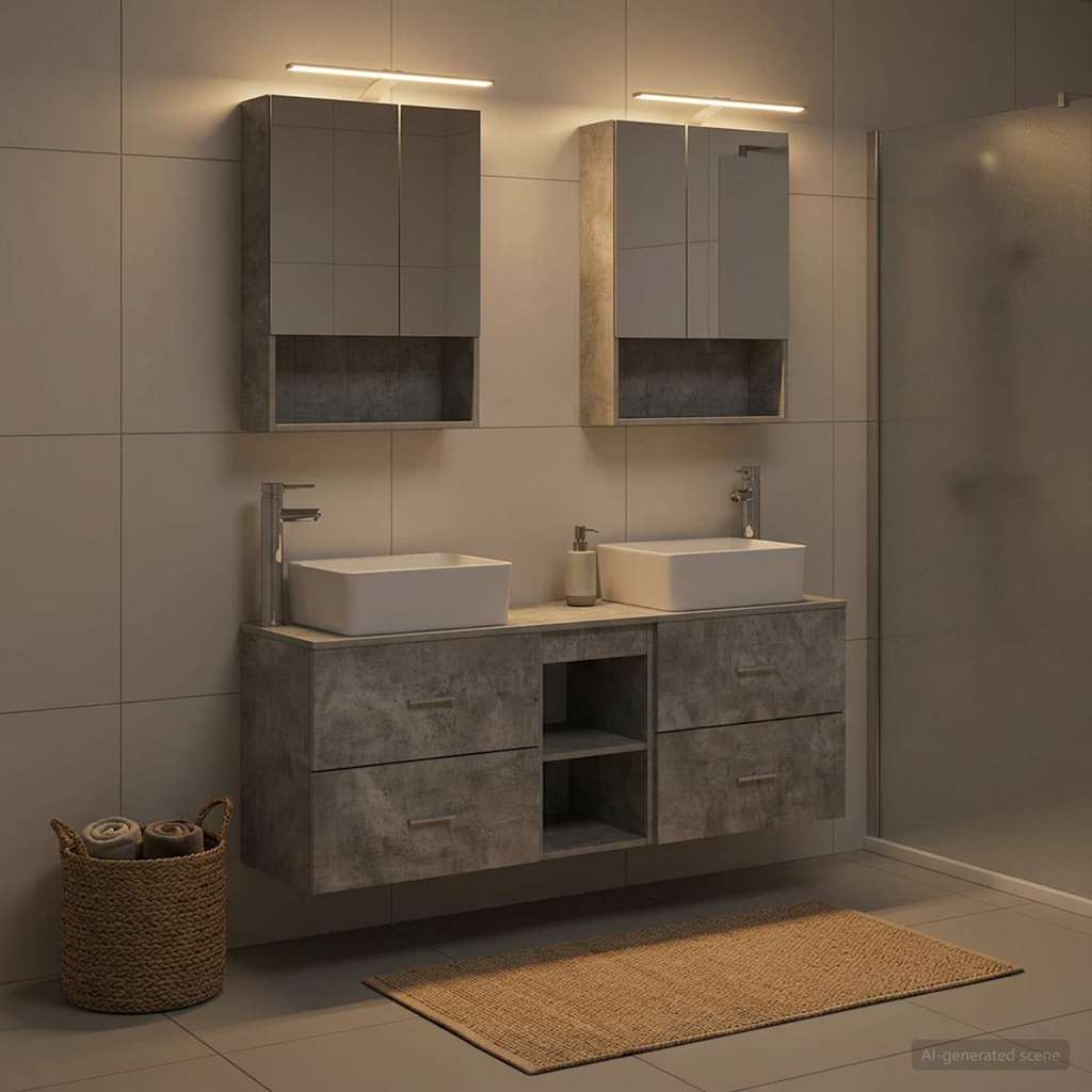 Badkamermeubelset 5 pcs Betongrijs Bewerkt hout en glas is nu te koop bij PeponiXL, paradijselijk wonen!