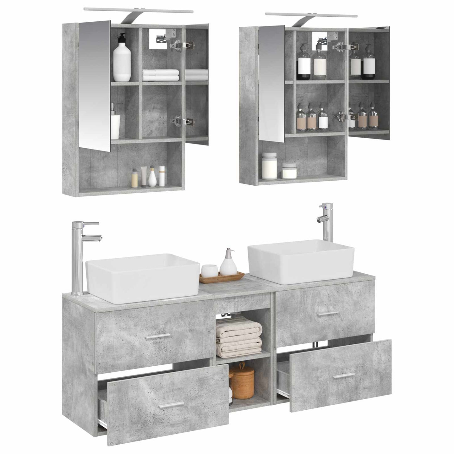 Badkamermeubelset 5 pcs Betongrijs Bewerkt hout en glas is nu te koop bij PeponiXL, paradijselijk wonen!