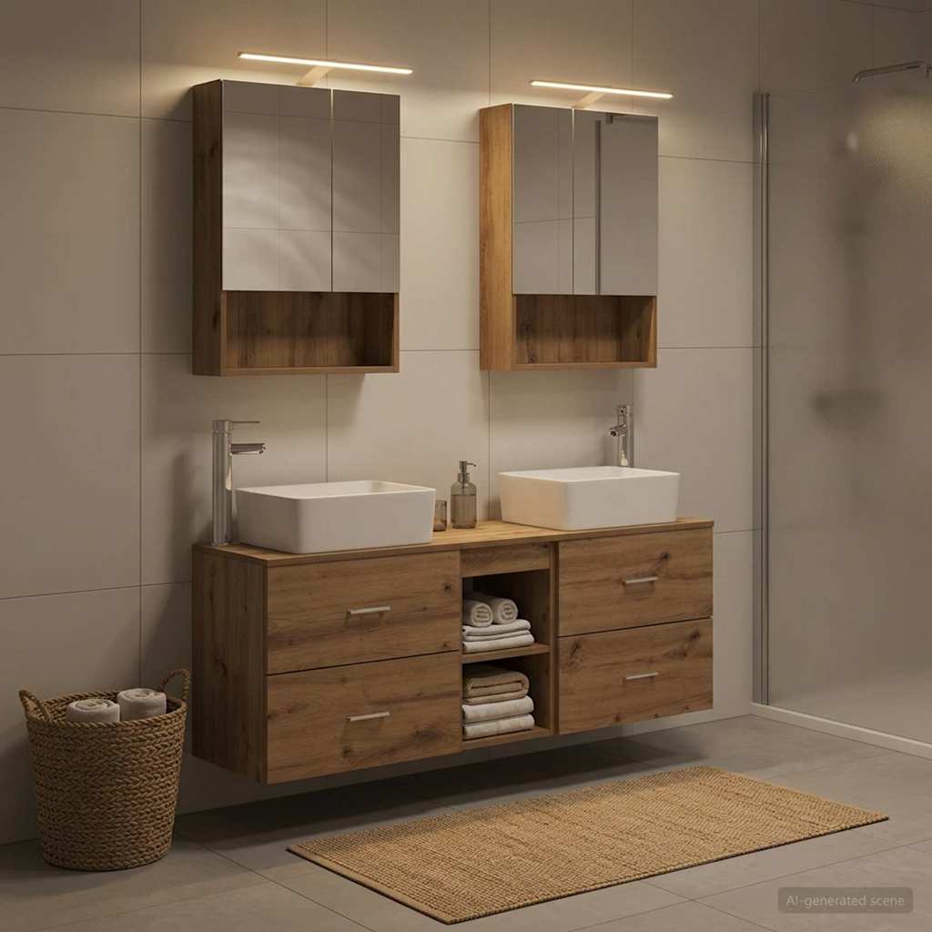 Badkamermeubelset 5 st Artisanaal eiken Bewerkt hout en glas is nu te koop bij PeponiXL, paradijselijk wonen!