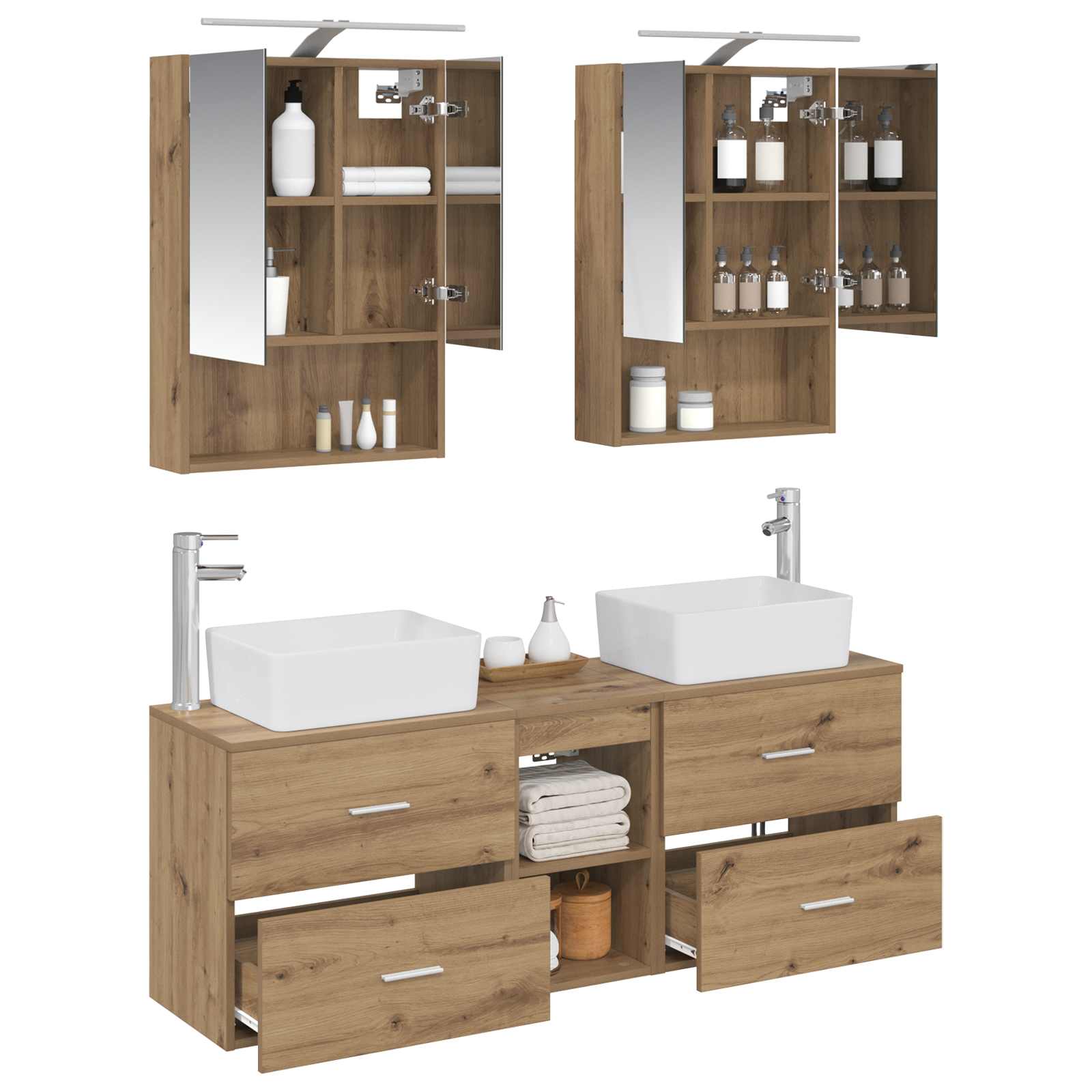 Badkamermeubelset 5 st Artisanaal eiken Bewerkt hout en glas is nu te koop bij PeponiXL, paradijselijk wonen!