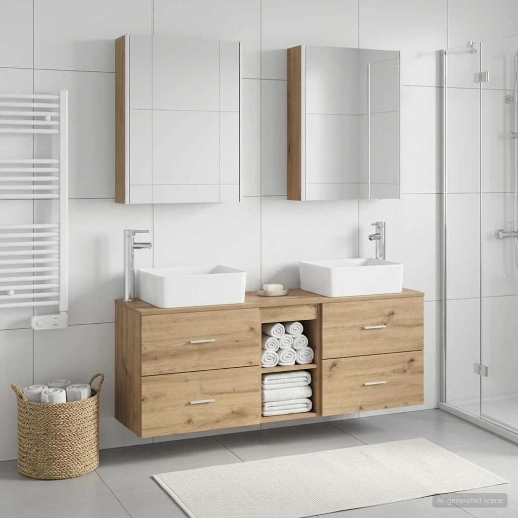 Badkamermeubelset 5 st Artisanaal eiken Bewerkt hout en glas is nu te koop bij PeponiXL, paradijselijk wonen!