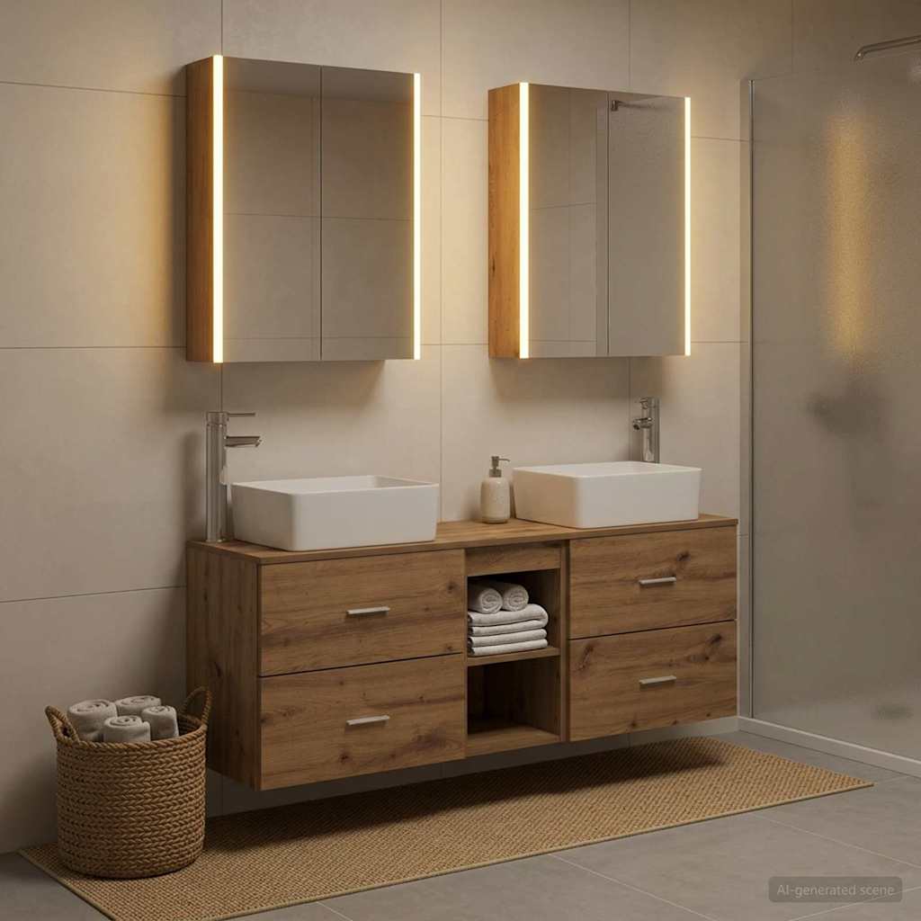 Badkamermeubelset 5 st Artisanaal eiken Bewerkt hout en glas is nu te koop bij PeponiXL, paradijselijk wonen!