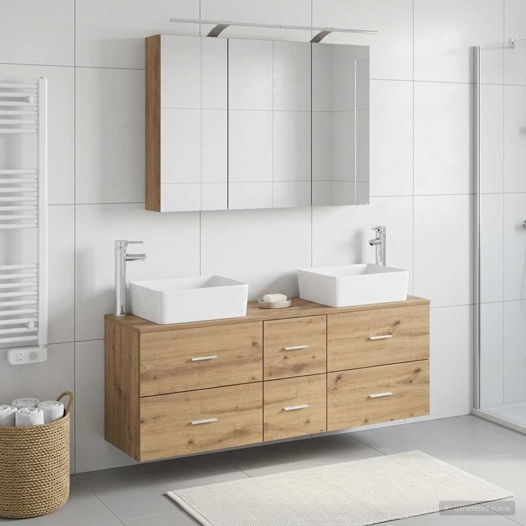 Badkamermeubelset 4 st Artisanaal eiken Bewerkt hout en glas is nu te koop bij PeponiXL, paradijselijk wonen!