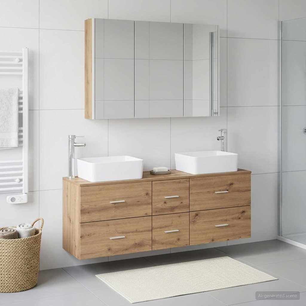 Badkamermeubelset 4 st Artisanaal eiken Bewerkt hout en glas is nu te koop bij PeponiXL, paradijselijk wonen!
