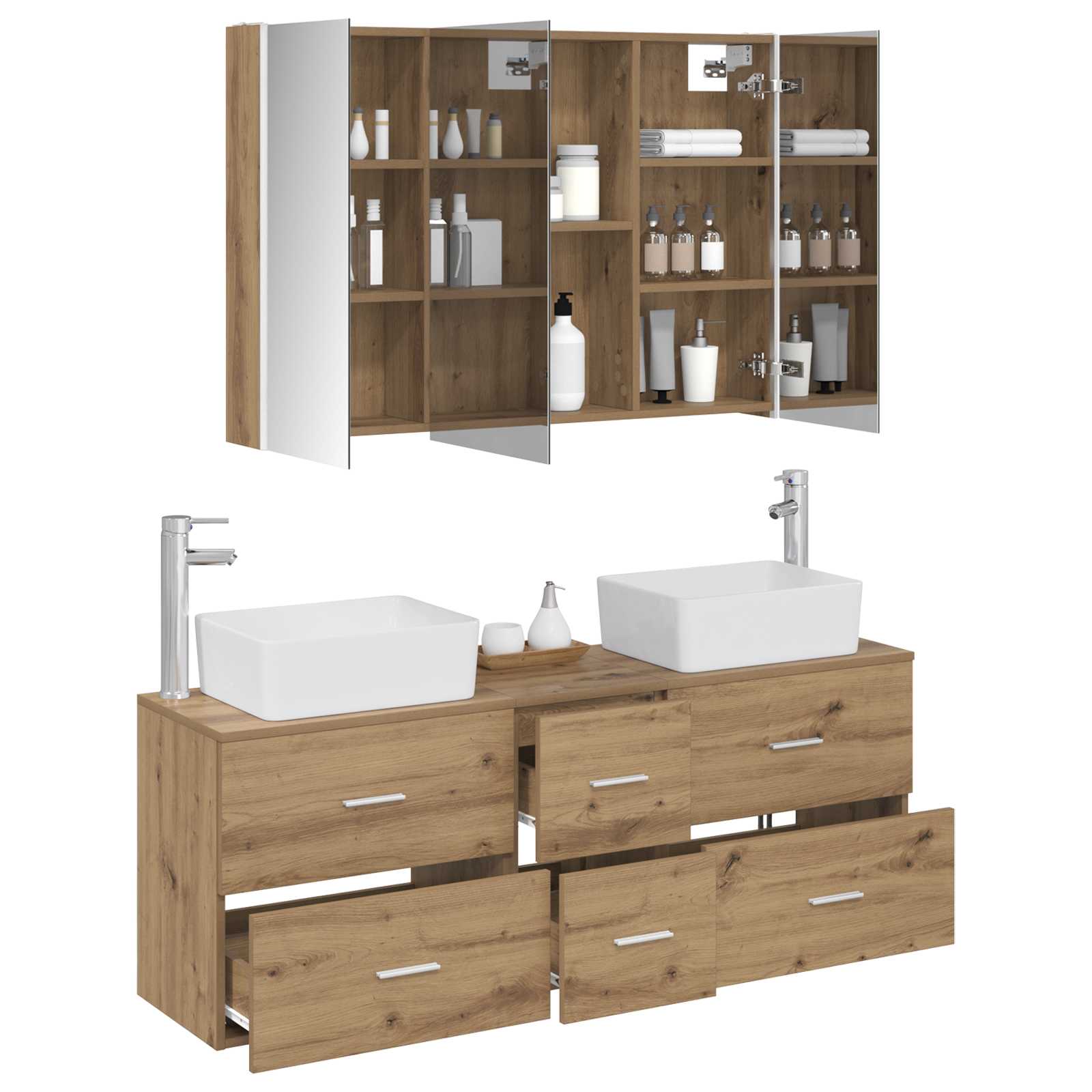 Badkamermeubelset 4 st Artisanaal eiken Bewerkt hout en glas is nu te koop bij PeponiXL, paradijselijk wonen!