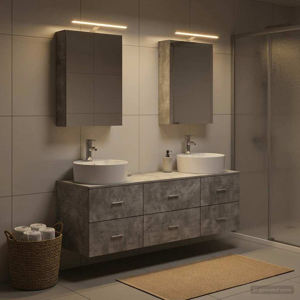 Badkamermeubelset 5 pcs Betongrijs Bewerkt hout en glas is nu te koop bij PeponiXL, paradijselijk wonen!