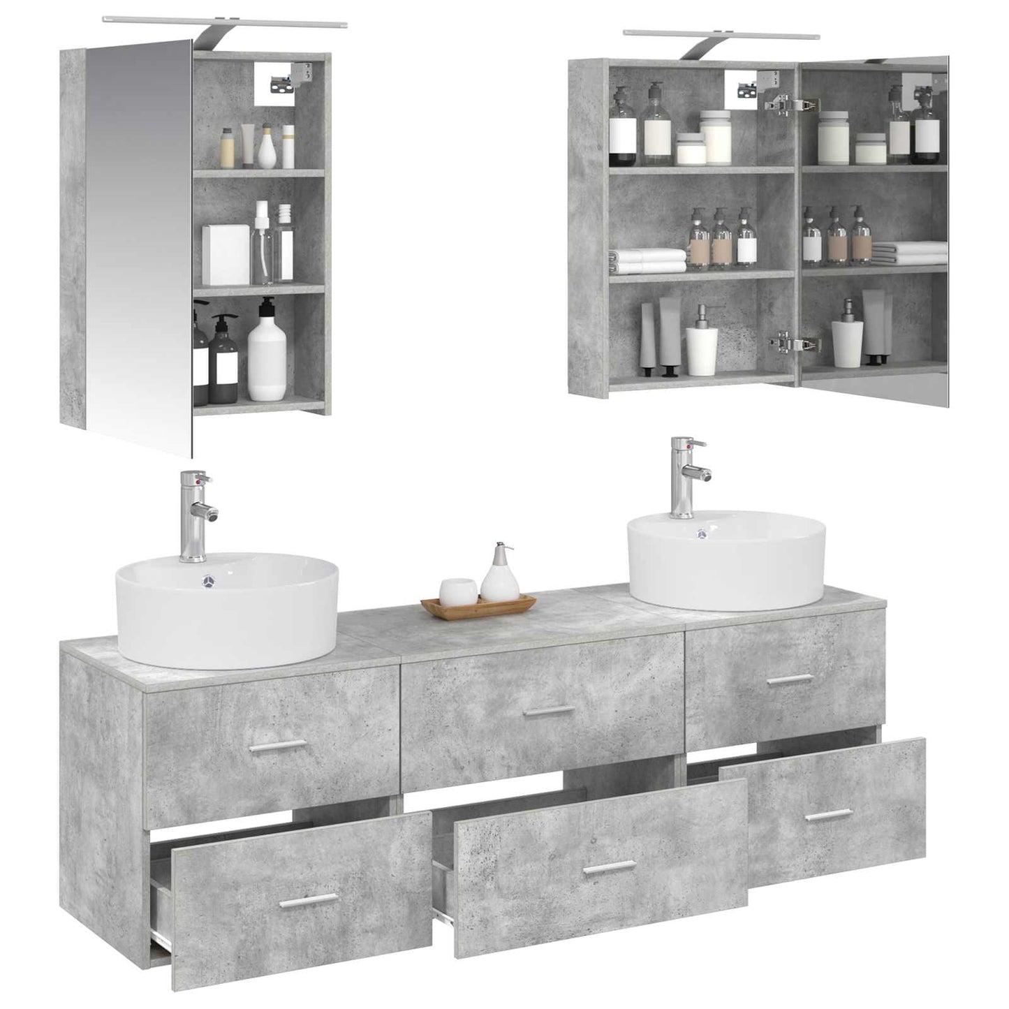 Badkamermeubelset 5 pcs Betongrijs Bewerkt hout en glas is nu te koop bij PeponiXL, paradijselijk wonen!