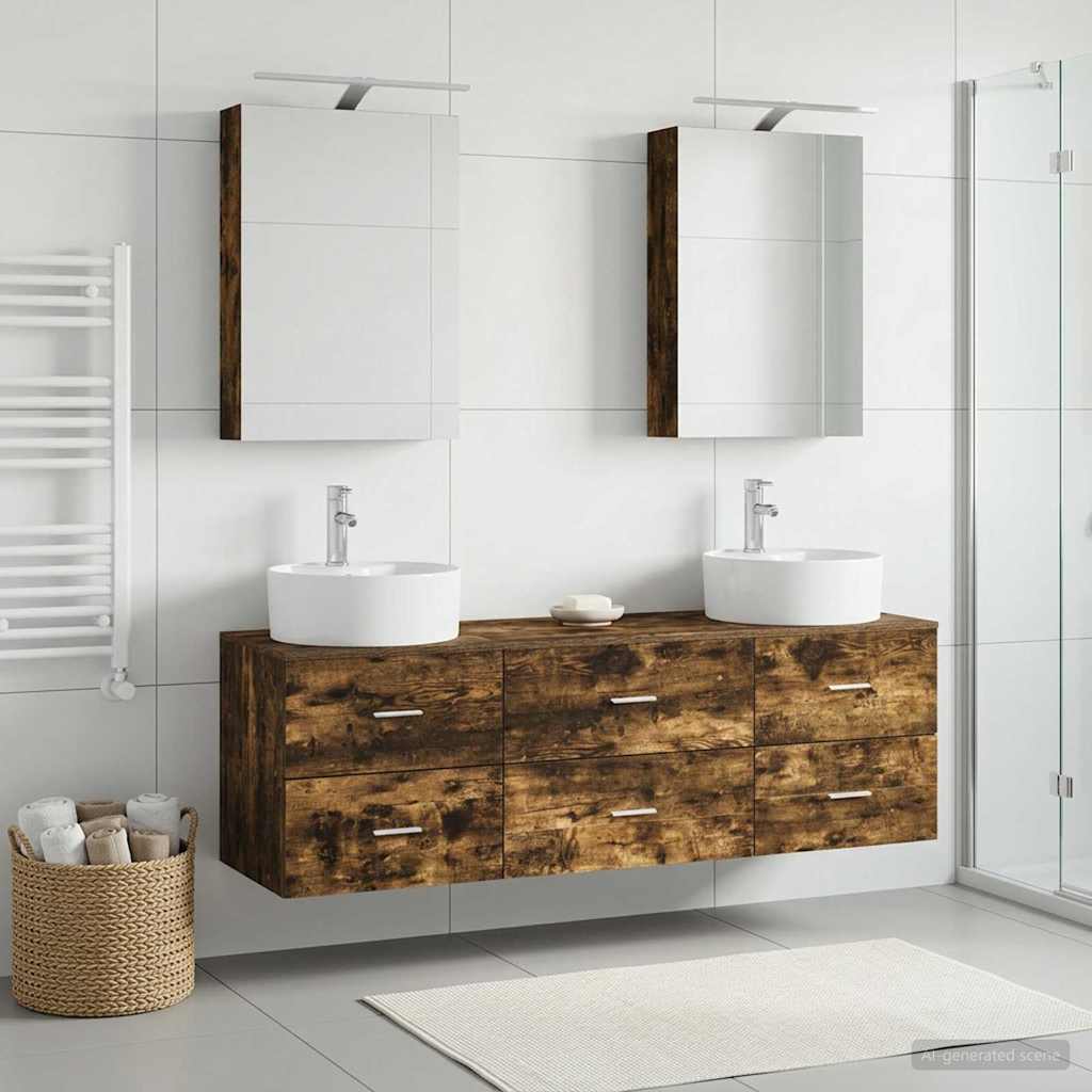 Badkamermeubelset 5 pcs Gerookt eiken Bewerkt hout en glas is nu te koop bij PeponiXL, paradijselijk wonen!