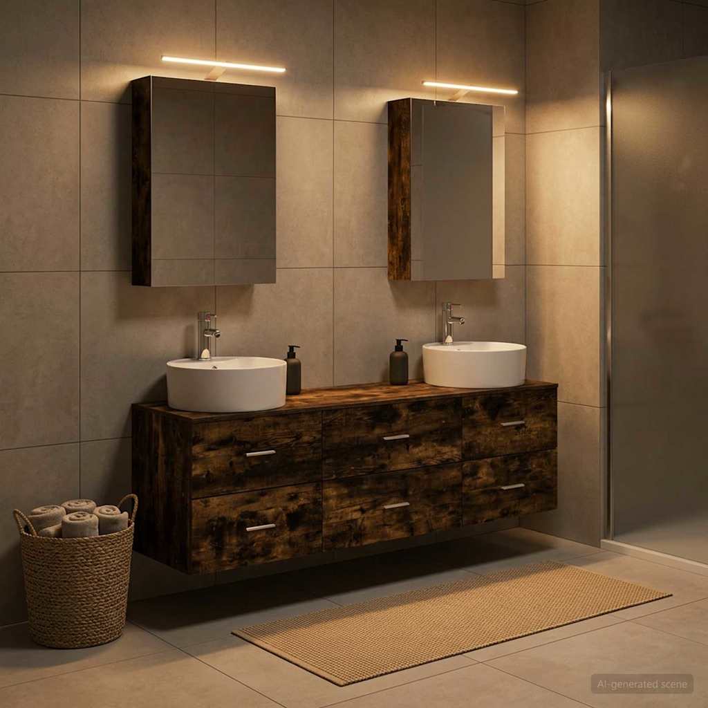 Badkamermeubelset 5 pcs Gerookt eiken Bewerkt hout en glas is nu te koop bij PeponiXL, paradijselijk wonen!
