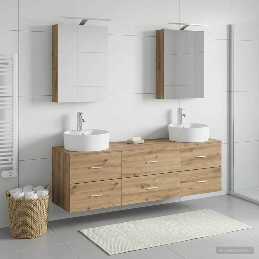 Badkamermeubelset 5 pcs Artisanaal eiken Bewerkt hout en glas is nu te koop bij PeponiXL, paradijselijk wonen!