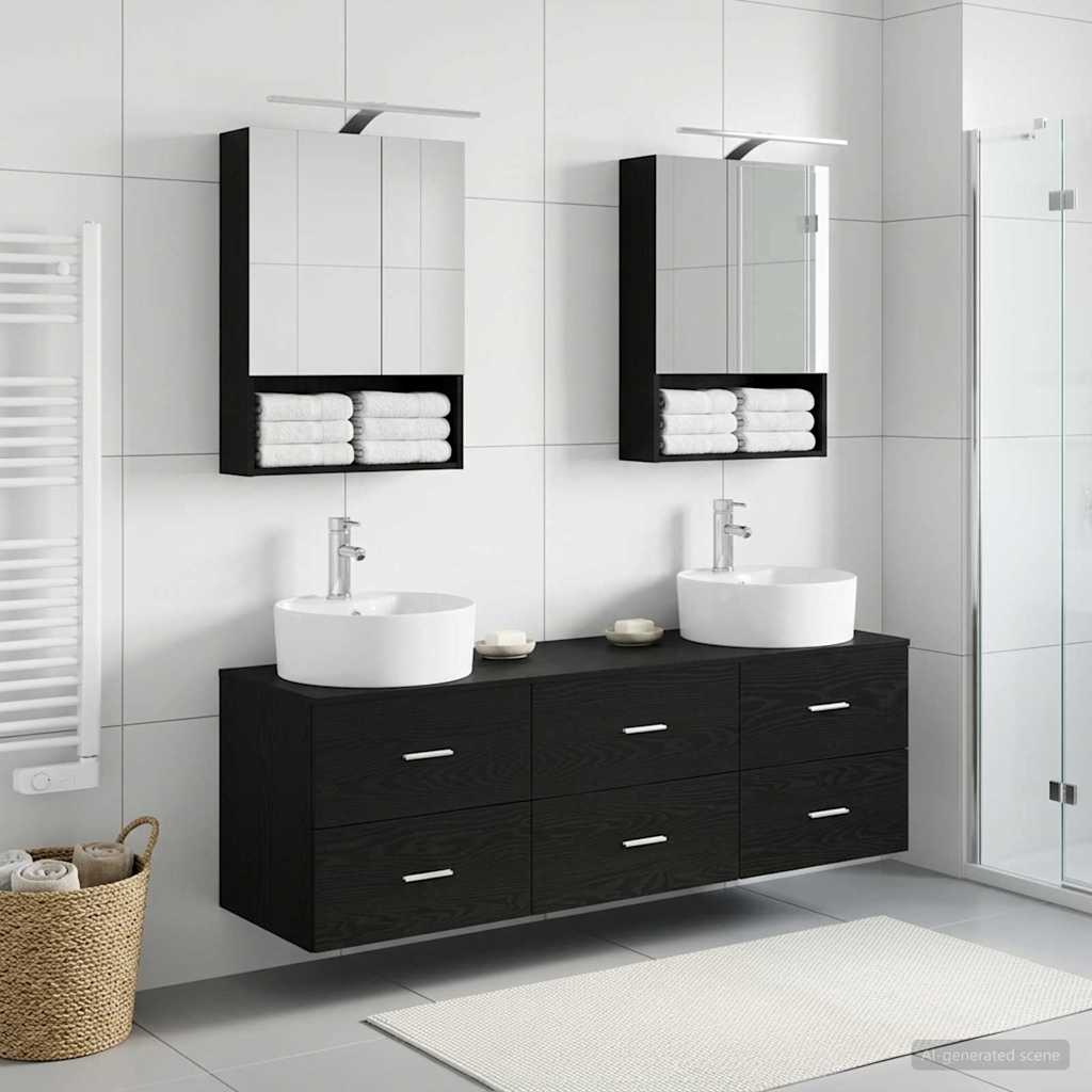 Badkamermeubelset 5 pcs Zwart eiken Bewerkt hout en glas is nu te koop bij PeponiXL, paradijselijk wonen!