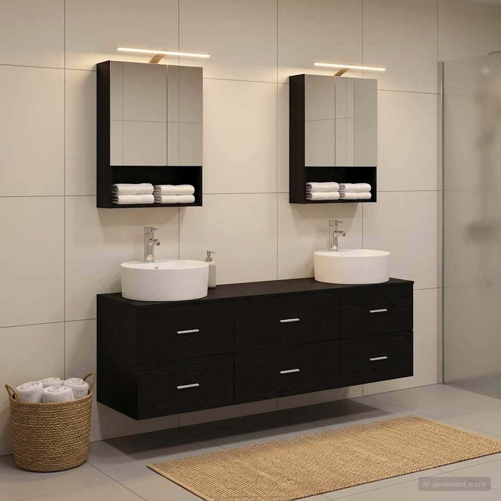 Badkamermeubelset 5 pcs Zwart eiken Bewerkt hout en glas is nu te koop bij PeponiXL, paradijselijk wonen!