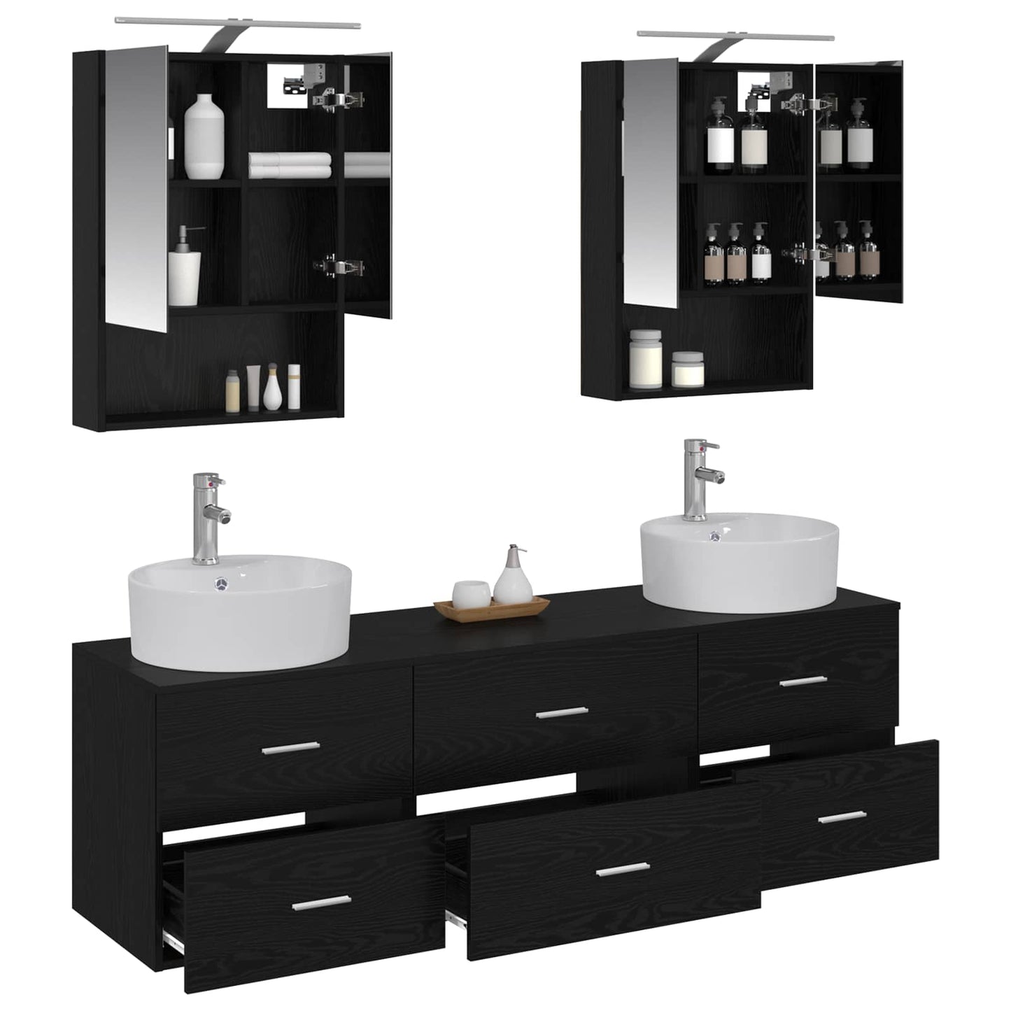 Badkamermeubelset 5 pcs Zwart eiken Bewerkt hout en glas is nu te koop bij PeponiXL, paradijselijk wonen!