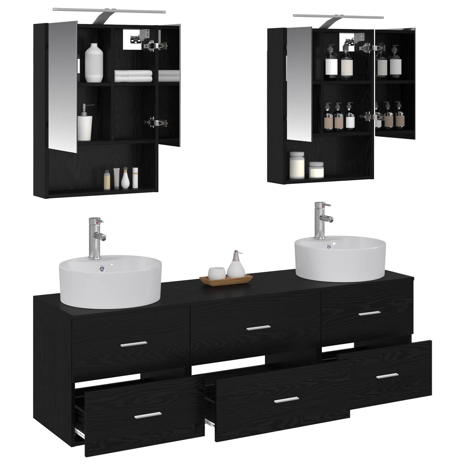 Badkamermeubelset 5 pcs Zwart eiken Bewerkt hout en glas is nu te koop bij PeponiXL, paradijselijk wonen!