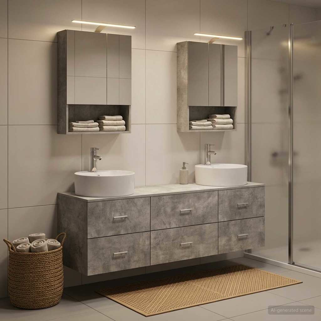 Badkamermeubelset 5 pcs Betongrijs Bewerkt hout en glas is nu te koop bij PeponiXL, paradijselijk wonen!