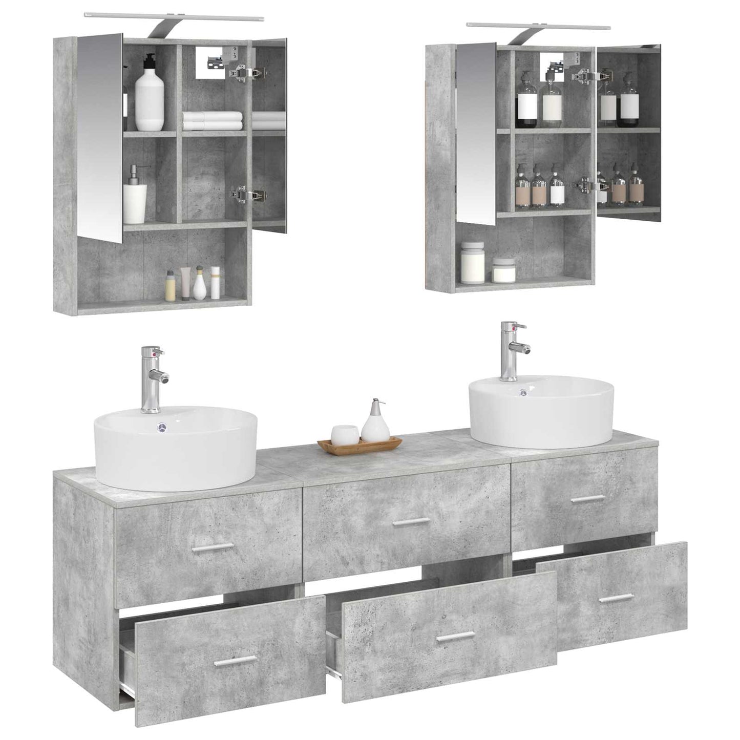 Badkamermeubelset 5 pcs Betongrijs Bewerkt hout en glas is nu te koop bij PeponiXL, paradijselijk wonen!