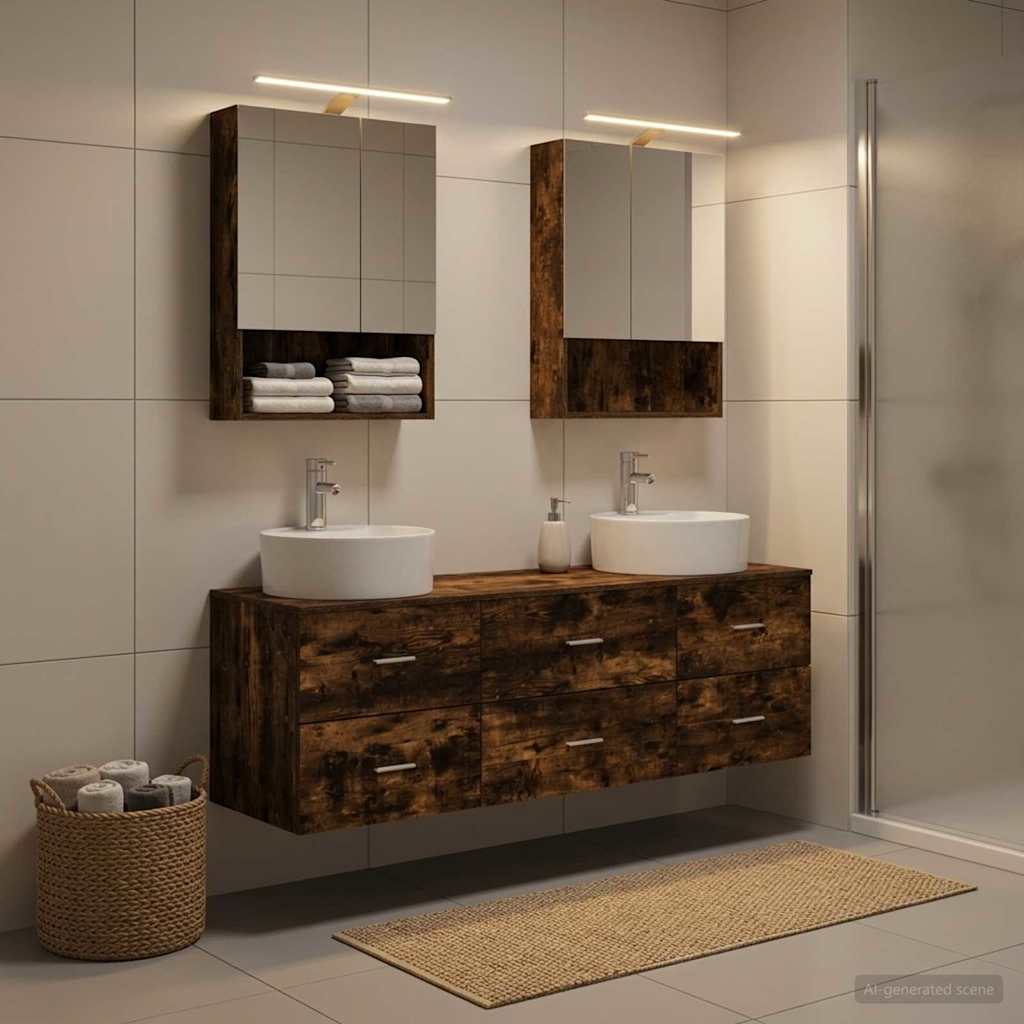 Badkamermeubelset 5 pcs Gerookt eiken Bewerkt hout en glas is nu te koop bij PeponiXL, paradijselijk wonen!
