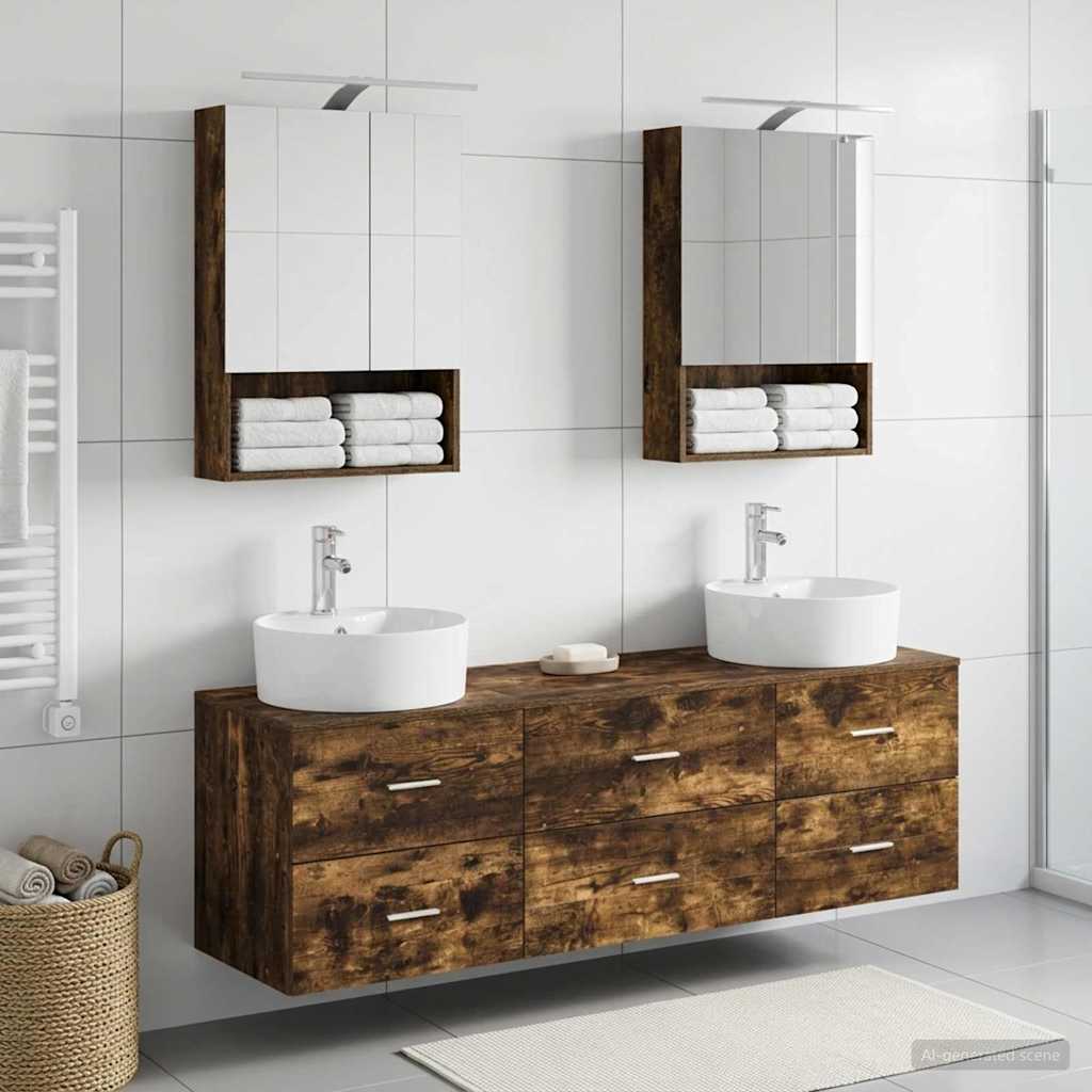Badkamermeubelset 5 pcs Gerookt eiken Bewerkt hout en glas is nu te koop bij PeponiXL, paradijselijk wonen!