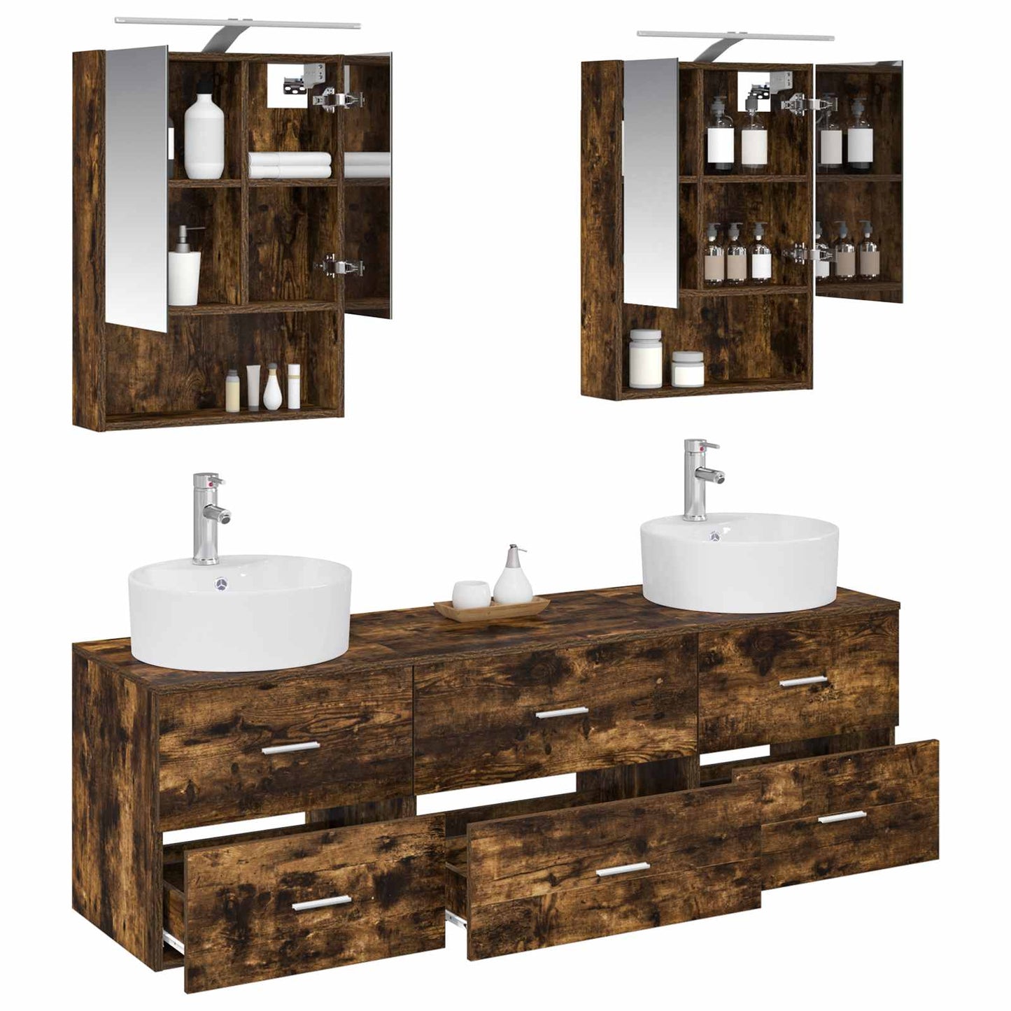 Badkamermeubelset 5 pcs Gerookt eiken Bewerkt hout en glas is nu te koop bij PeponiXL, paradijselijk wonen!