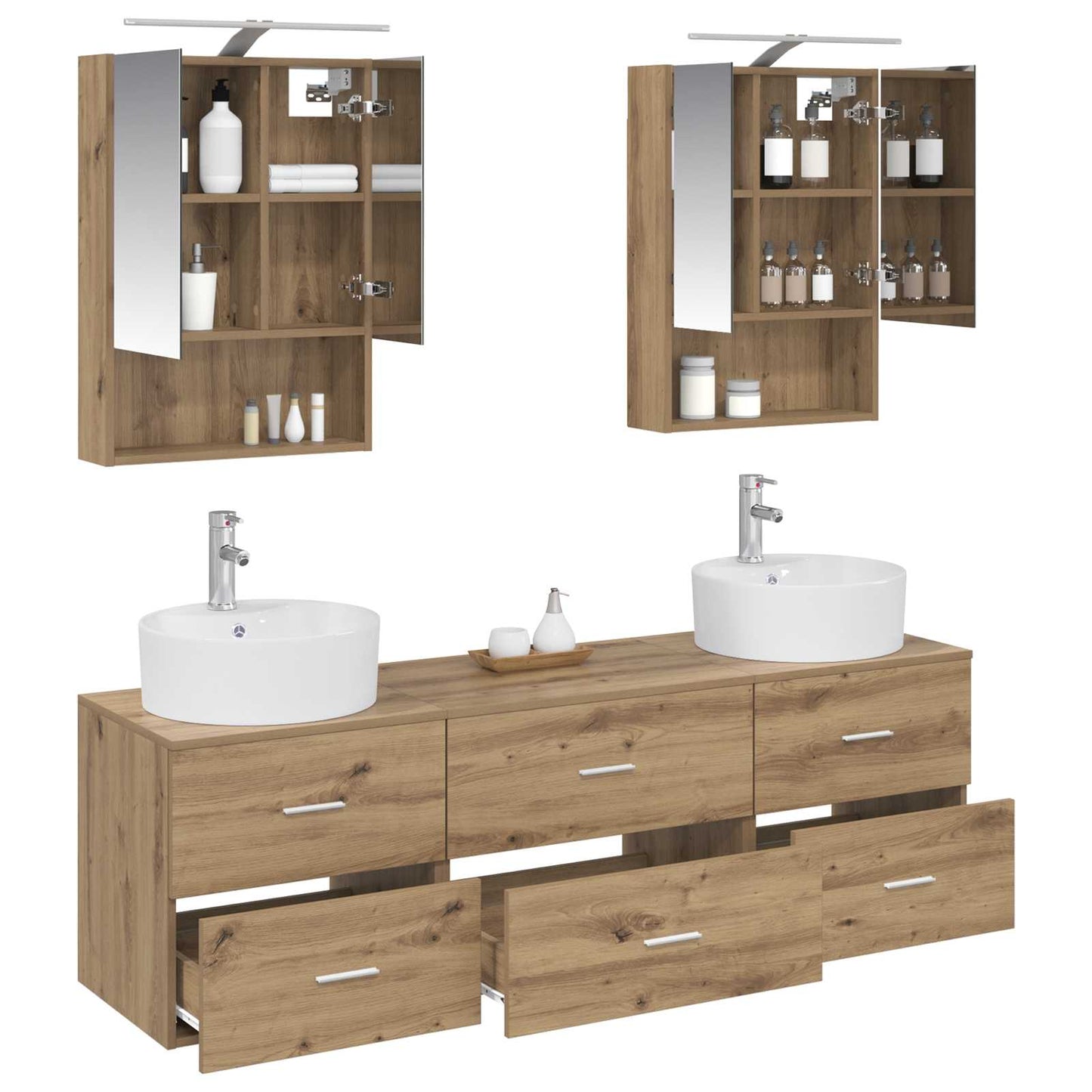 Badkamermeubelset 5 st Artisanaal eiken Bewerkt hout en glas is nu te koop bij PeponiXL, paradijselijk wonen!