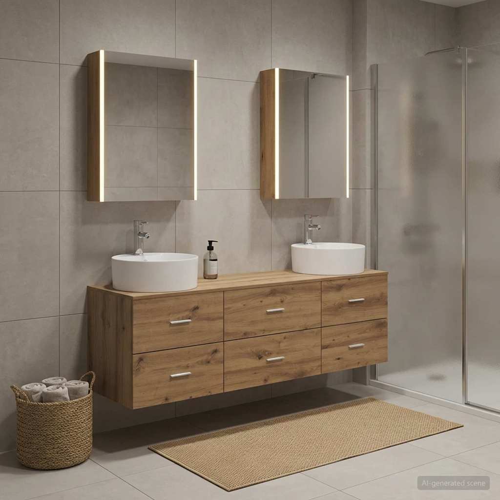 Badkamermeubelset 5 st Artisanaal eiken Bewerkt hout en glas is nu te koop bij PeponiXL, paradijselijk wonen!