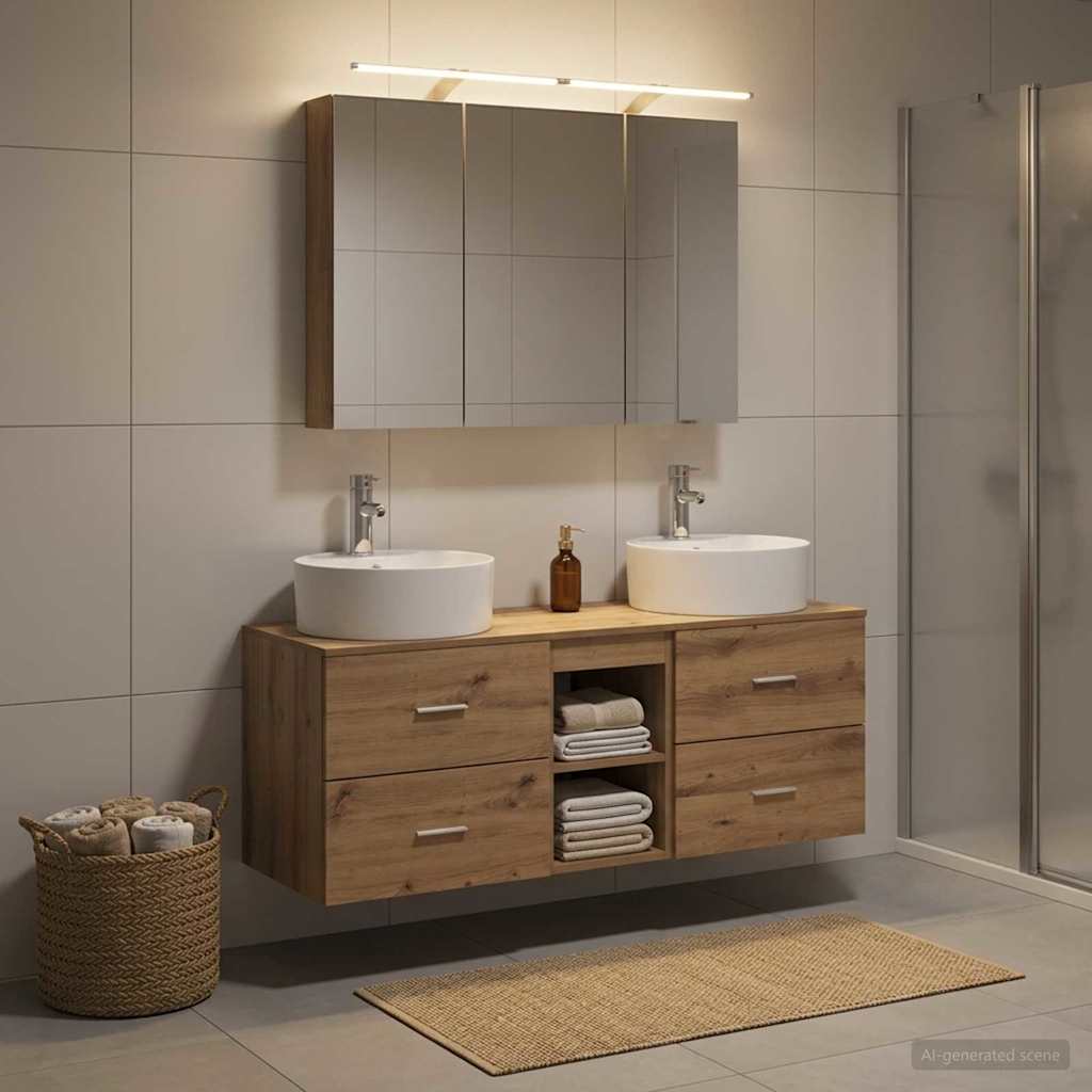 Badkamermeubelset 4 st Artisanaal eiken Bewerkt hout en glas is nu te koop bij PeponiXL, paradijselijk wonen!