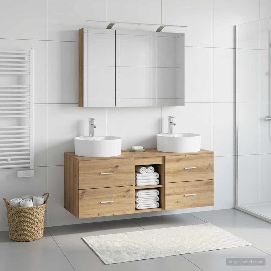 Badkamermeubelset 4 st Artisanaal eiken Bewerkt hout en glas is nu te koop bij PeponiXL, paradijselijk wonen!