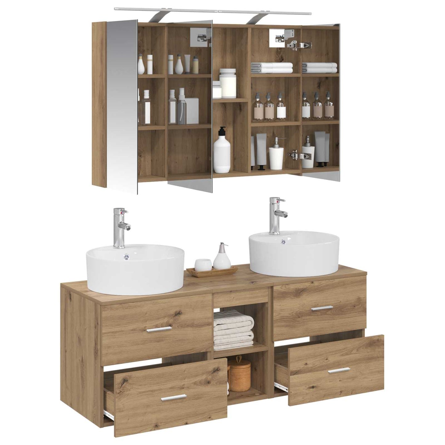 Badkamermeubelset 4 st Artisanaal eiken Bewerkt hout en glas is nu te koop bij PeponiXL, paradijselijk wonen!