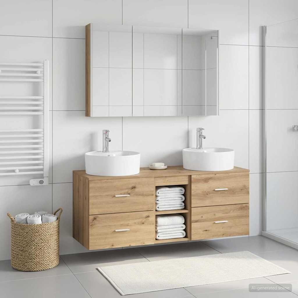 Badkamermeubelset 4 st Artisanaal eiken Bewerkt hout en glas is nu te koop bij PeponiXL, paradijselijk wonen!