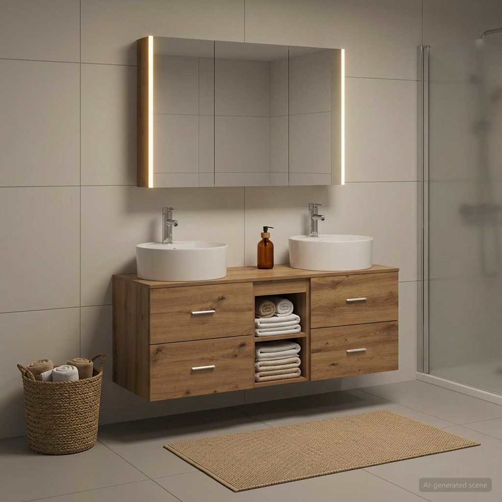 Badkamermeubelset 4 st Artisanaal eiken Bewerkt hout en glas is nu te koop bij PeponiXL, paradijselijk wonen!
