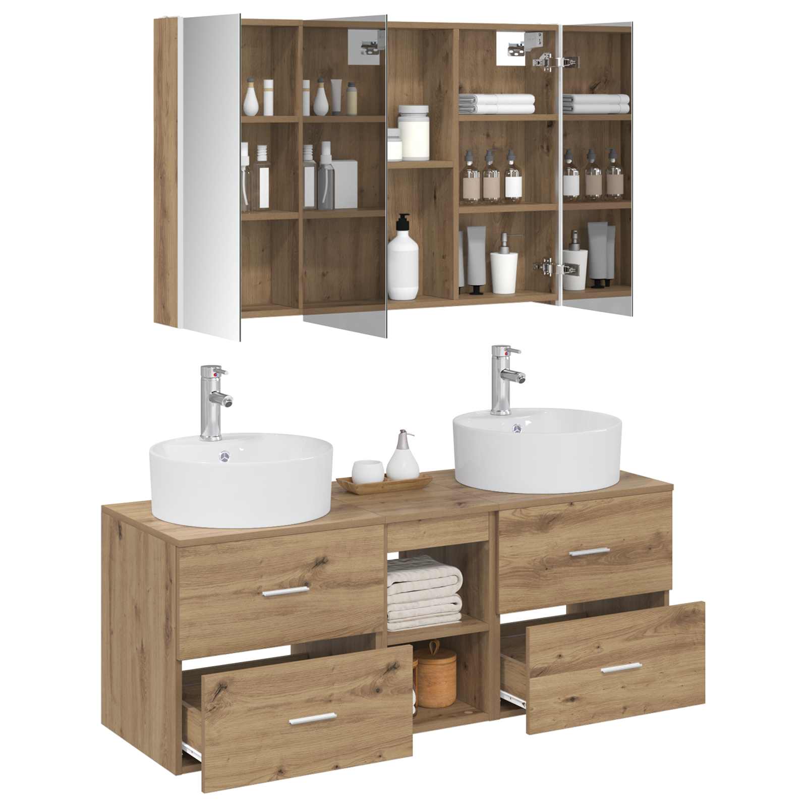 Badkamermeubelset 4 st Artisanaal eiken Bewerkt hout en glas is nu te koop bij PeponiXL, paradijselijk wonen!