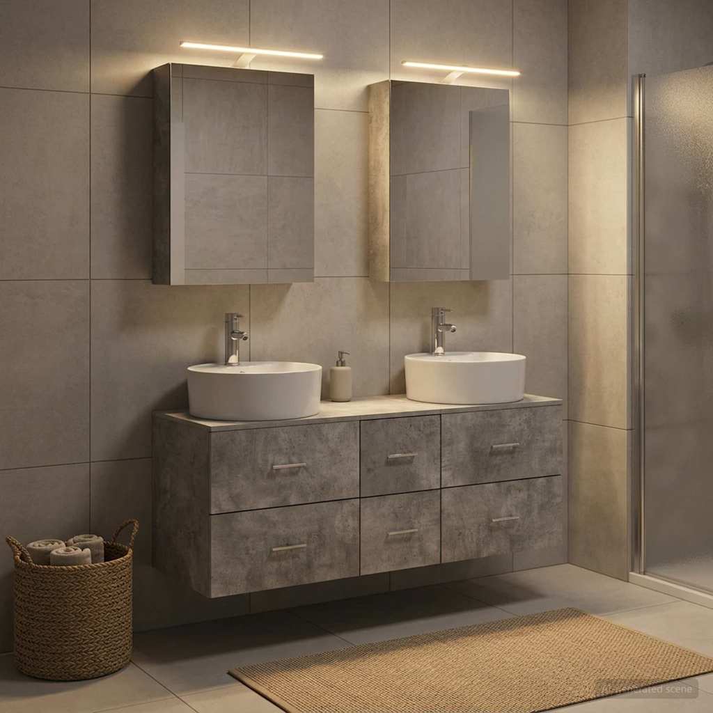 Badkamermeubelset 5 pcs Betongrijs Bewerkt hout en glas is nu te koop bij PeponiXL, paradijselijk wonen!