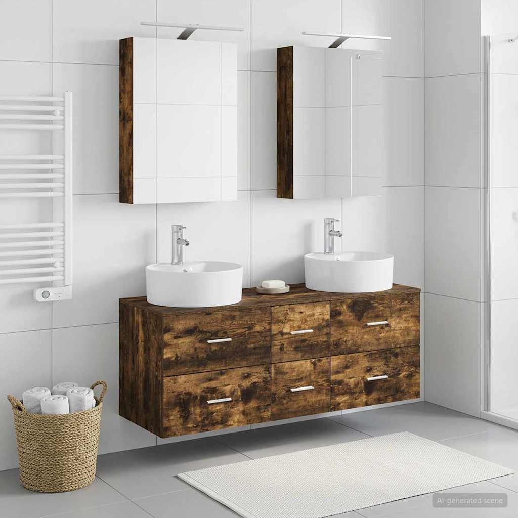 Badkamermeubelset 5 pcs Gerookt eiken Bewerkt hout en glas is nu te koop bij PeponiXL, paradijselijk wonen!