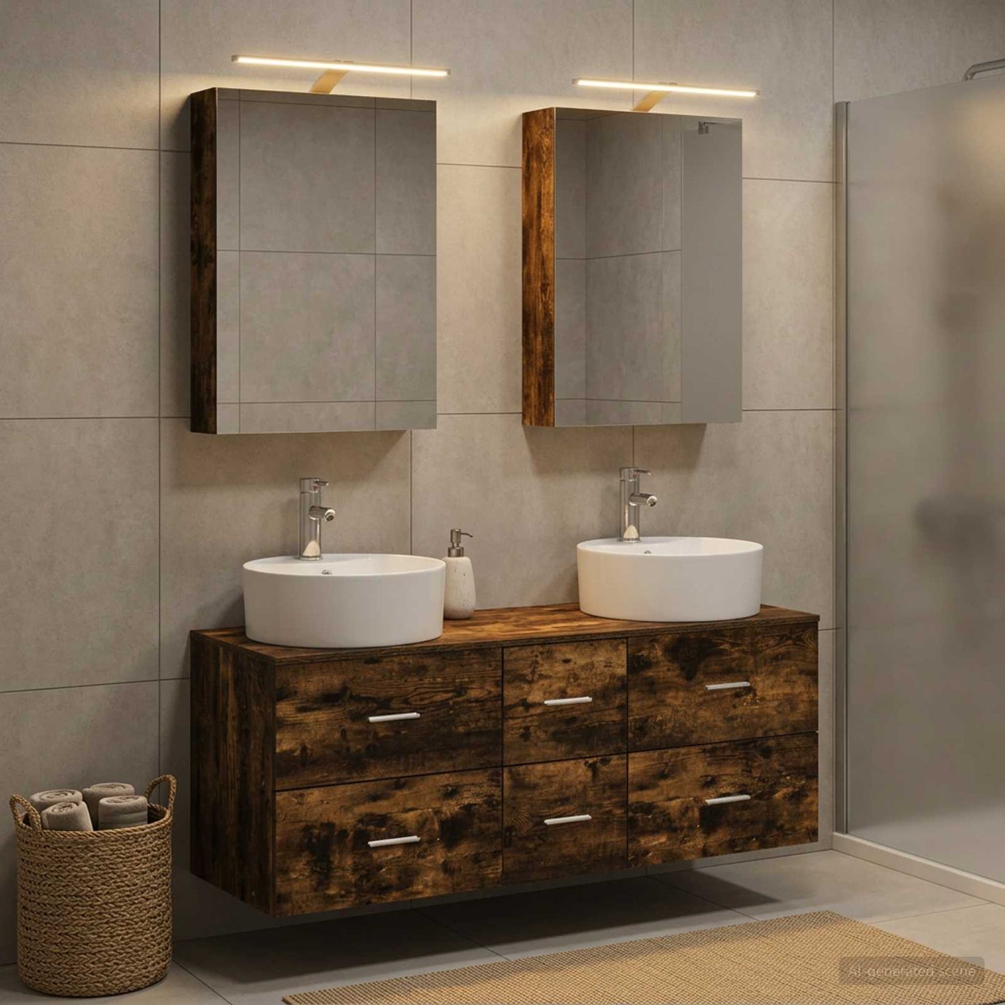 Badkamermeubelset 5 pcs Gerookt eiken Bewerkt hout en glas is nu te koop bij PeponiXL, paradijselijk wonen!