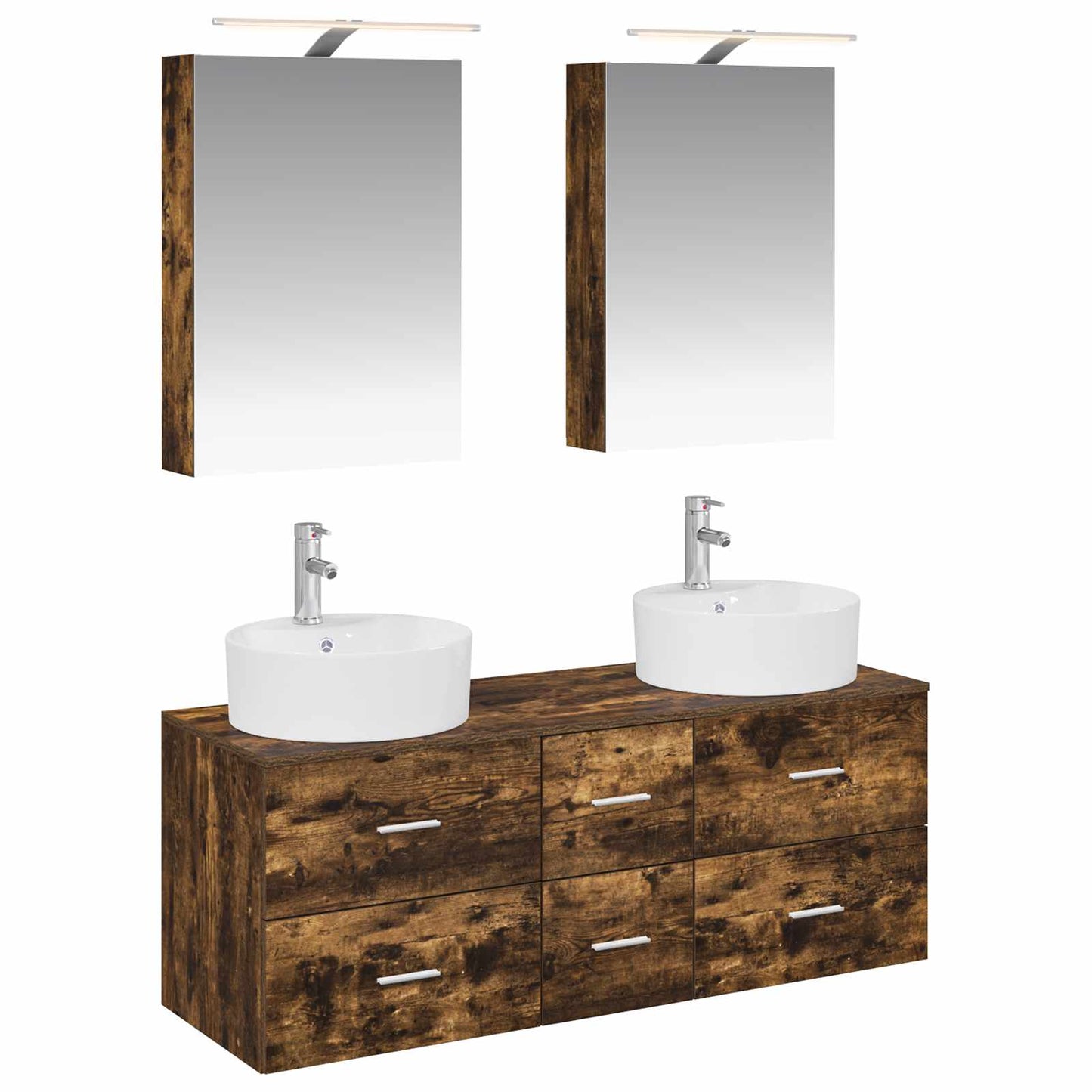 Badkamermeubelset 5 pcs Gerookt eiken Bewerkt hout en glas is nu te koop bij PeponiXL, paradijselijk wonen!