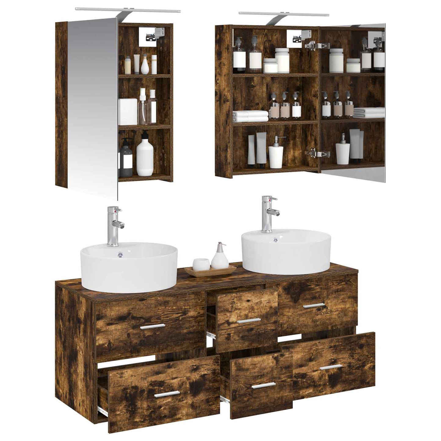 Badkamermeubelset 5 pcs Gerookt eiken Bewerkt hout en glas is nu te koop bij PeponiXL, paradijselijk wonen!
