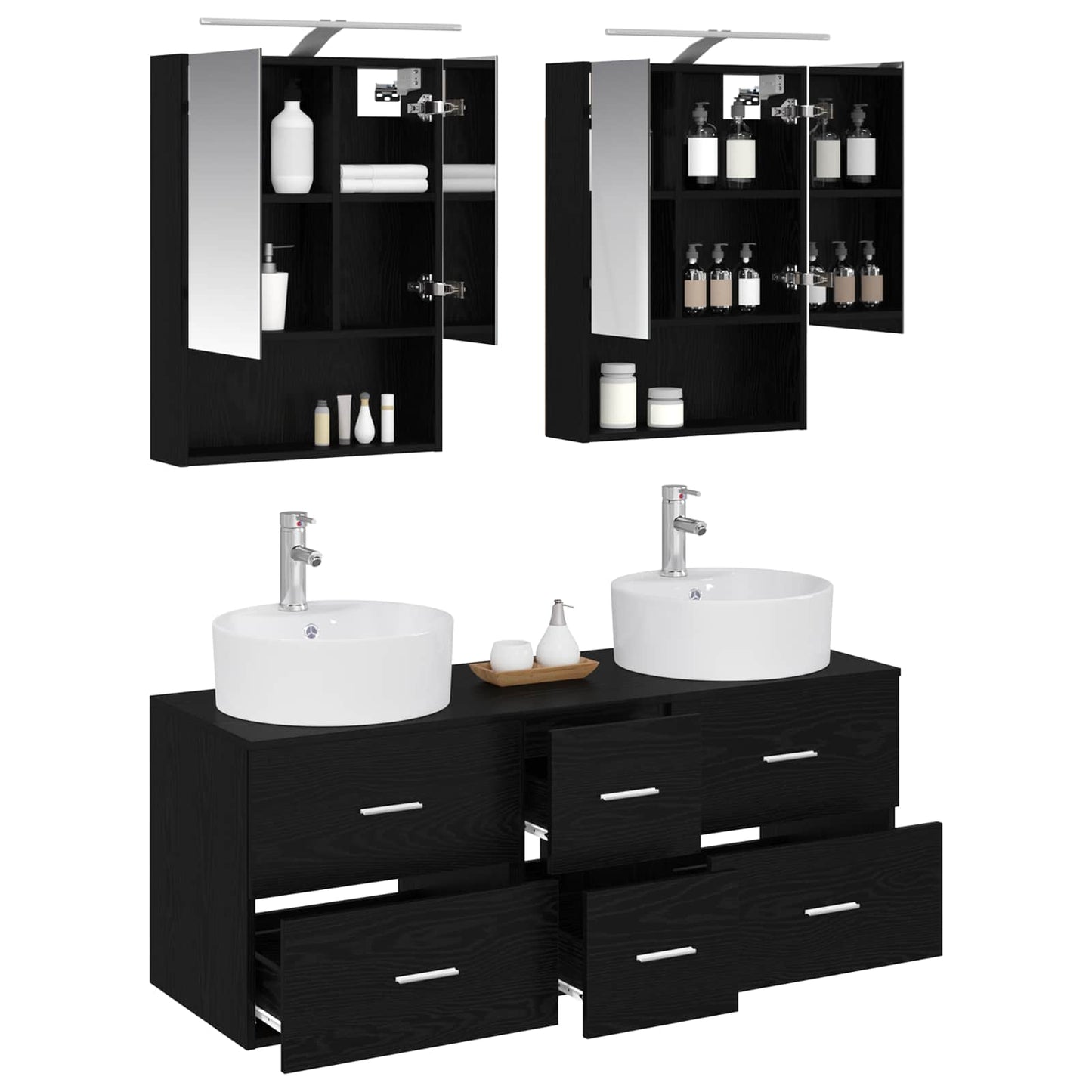Badkamermeubelset 5 pcs Zwart eiken Bewerkt hout en glas is nu te koop bij PeponiXL, paradijselijk wonen!