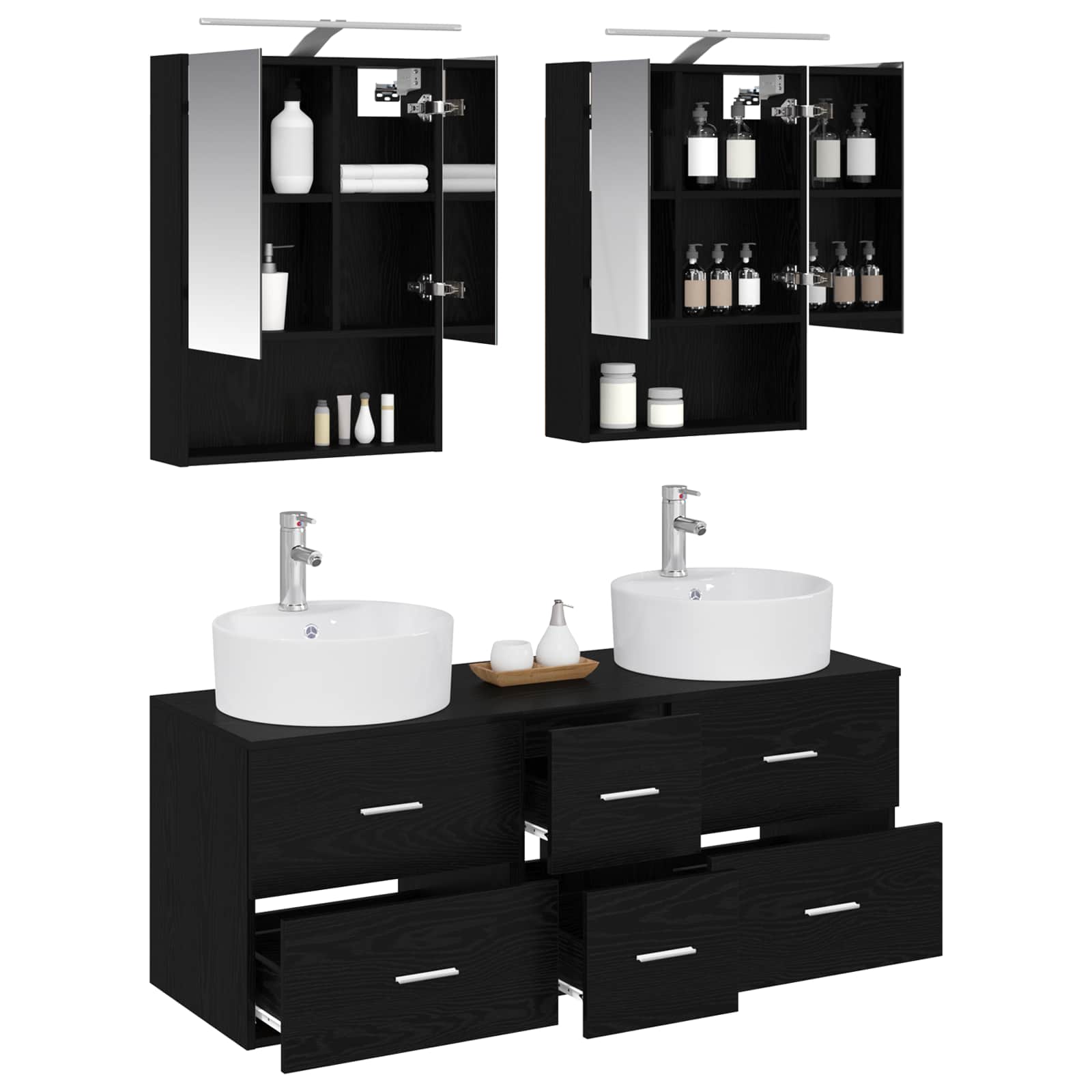Badkamermeubelset 5 pcs Zwart eiken Bewerkt hout en glas is nu te koop bij PeponiXL, paradijselijk wonen!
