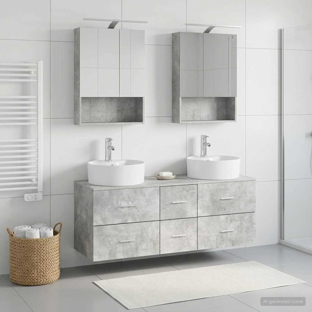Badkamermeubelset 5 pcs Betongrijs Bewerkt hout en glas is nu te koop bij PeponiXL, paradijselijk wonen!