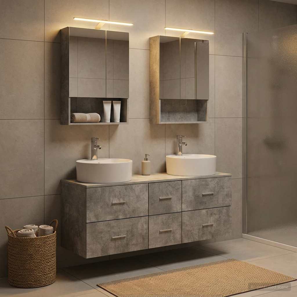Badkamermeubelset 5 pcs Betongrijs Bewerkt hout en glas is nu te koop bij PeponiXL, paradijselijk wonen!