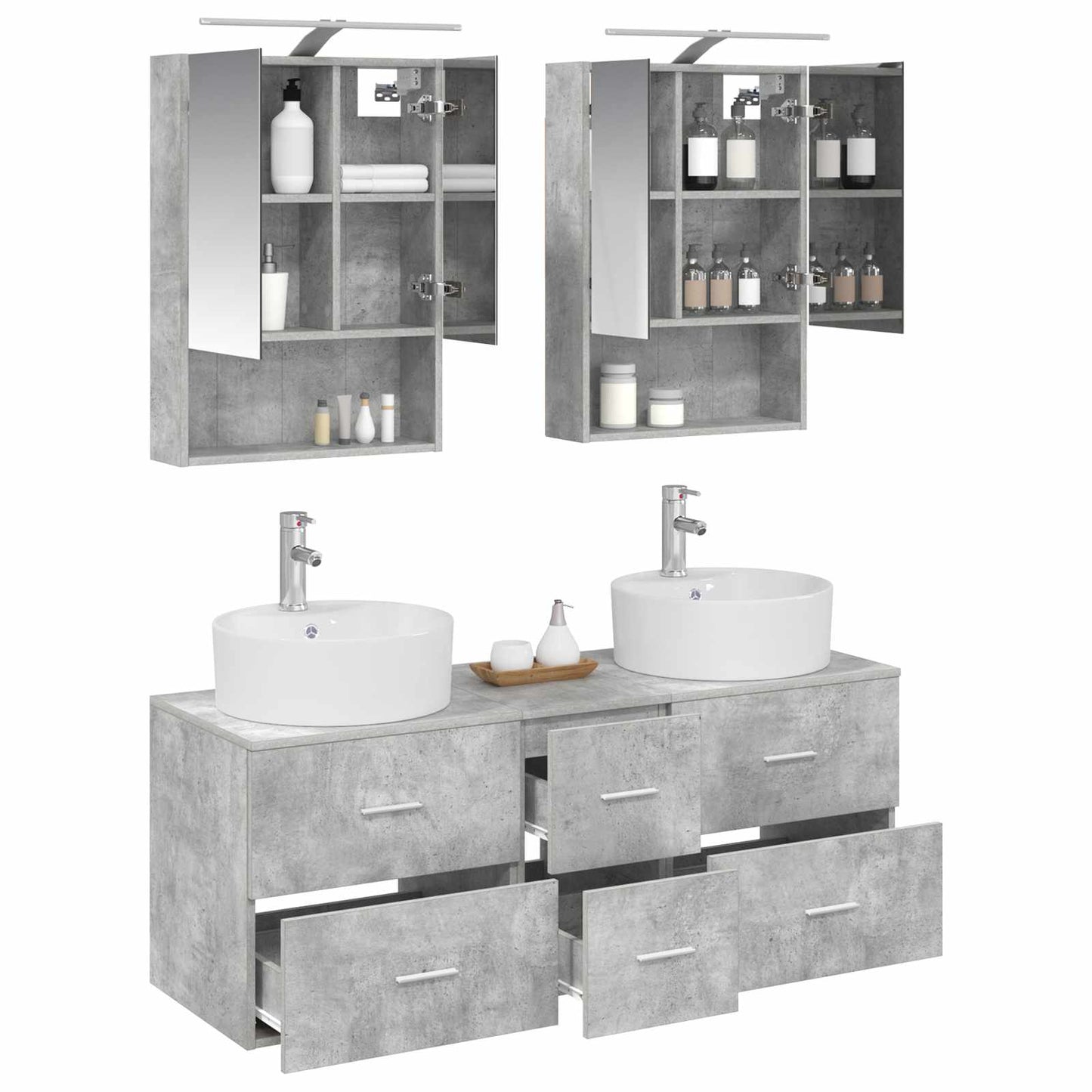 Badkamermeubelset 5 pcs Betongrijs Bewerkt hout en glas is nu te koop bij PeponiXL, paradijselijk wonen!