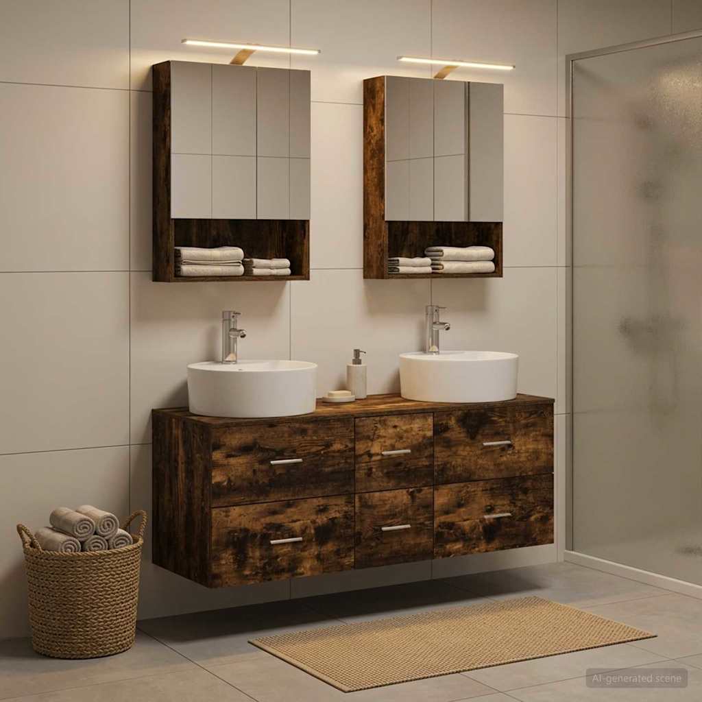 Badkamermeubelset 5 pcs Gerookt eiken Bewerkt hout en glas is nu te koop bij PeponiXL, paradijselijk wonen!