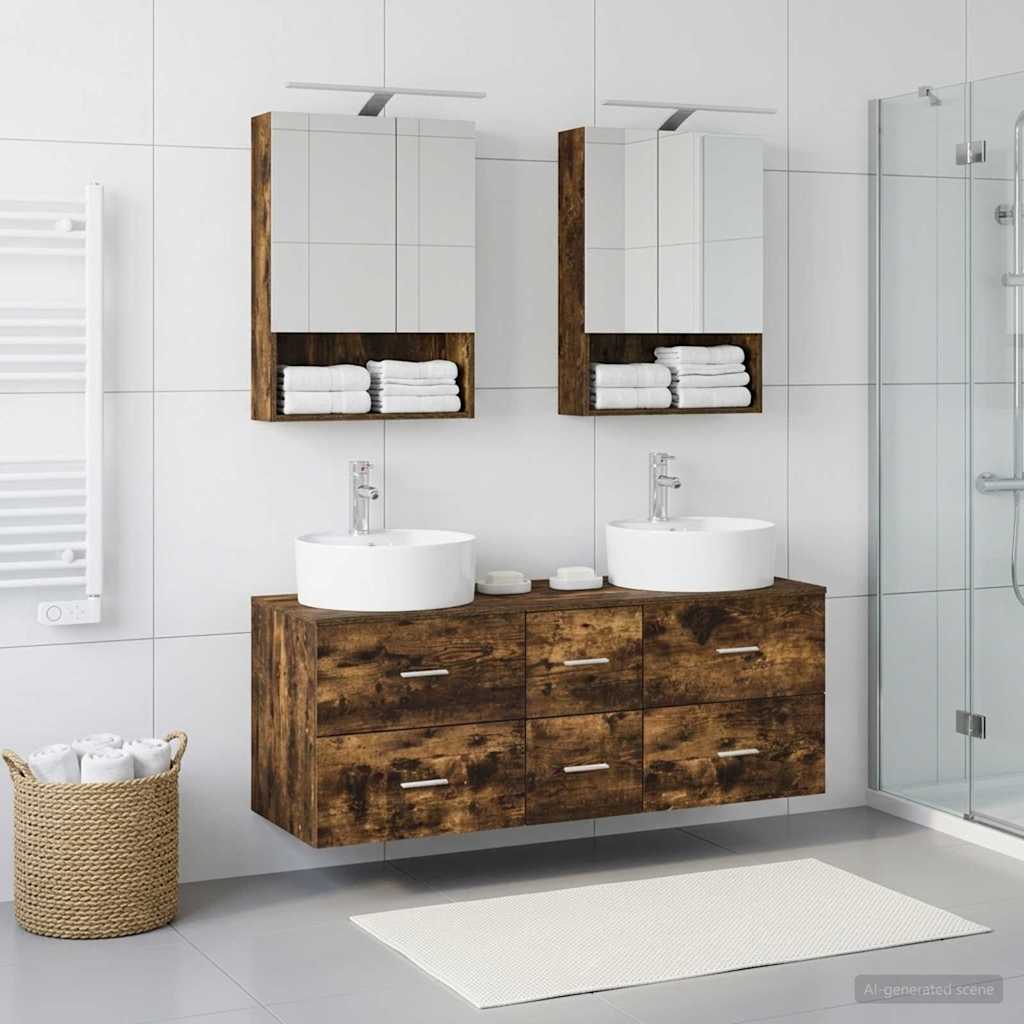 Badkamermeubelset 5 pcs Gerookt eiken Bewerkt hout en glas is nu te koop bij PeponiXL, paradijselijk wonen!